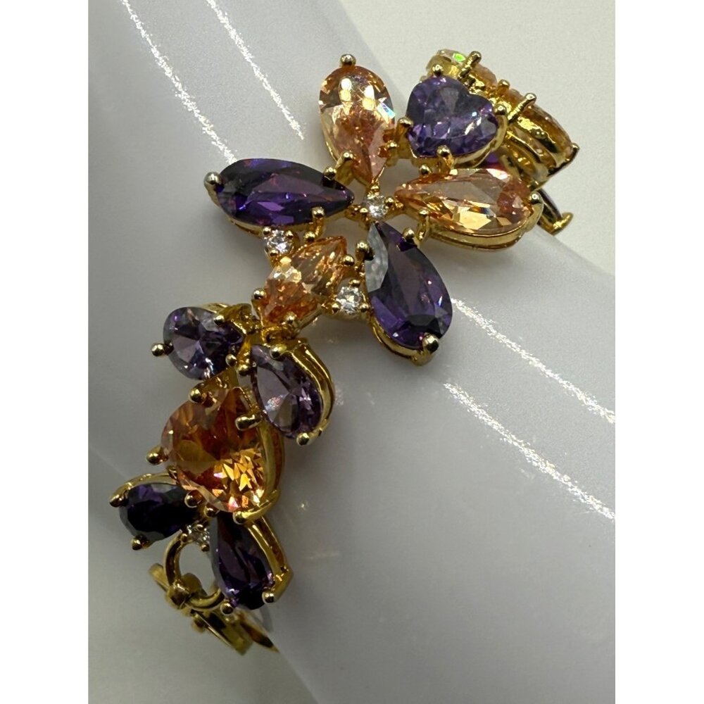 Gold-tone Floral Bracelet With Purple & Amber-color Rhinestones